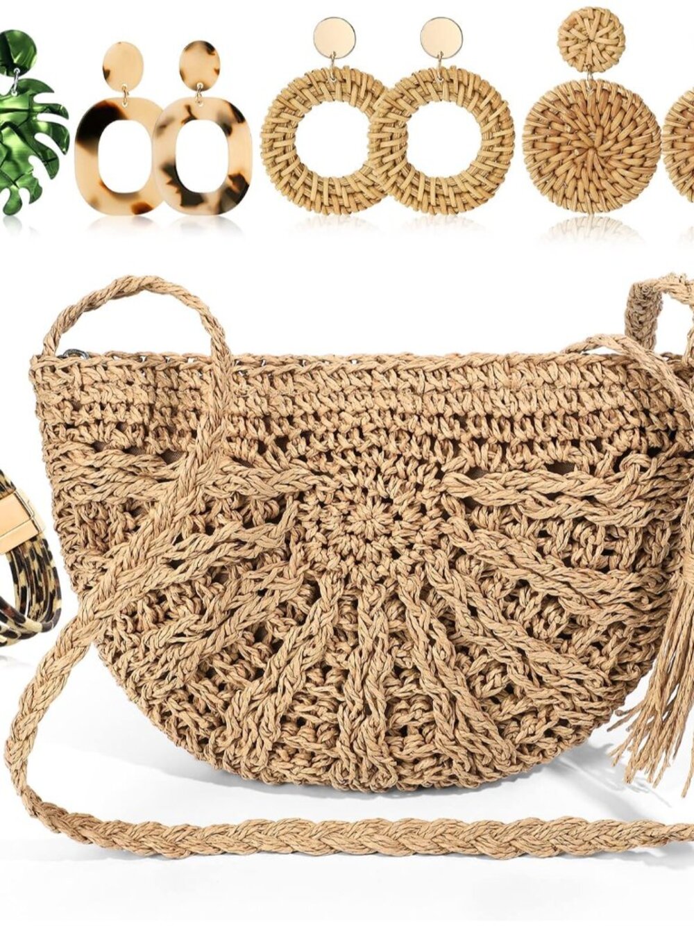 Vacation Purse Set Boho Straw Shoulder Bag Women Crossbody Beach Purse with 4 Ra